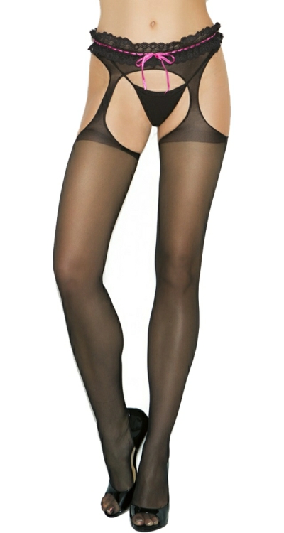 Sheer Suspender Tights with Lace & Ribbon Waist