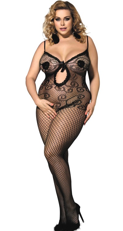 Scroll Lace Fishnet Bodystocking with Lace Trim & Bow (Plus Size)