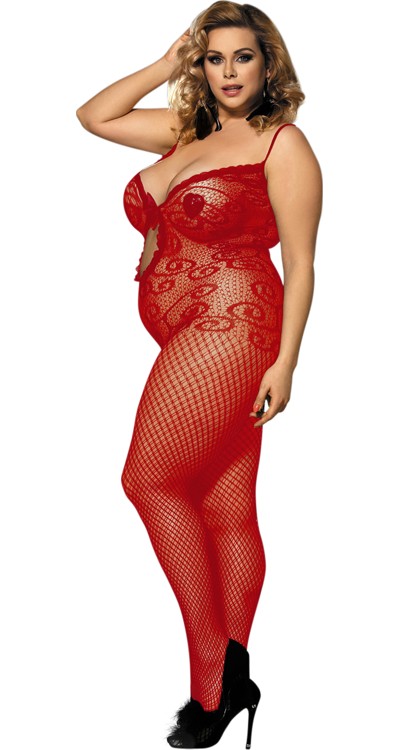 Scroll Lace Fishnet Bodystocking with Lace Trim & Bow (Plus Size)
