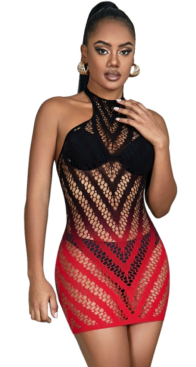 Two Tone Striped Halter Fishnet Mini Dress