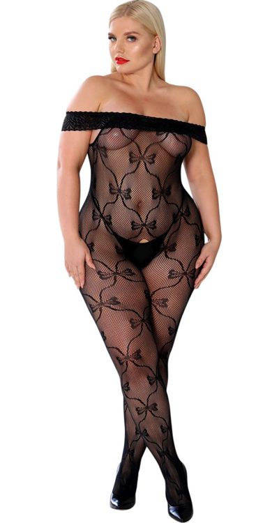 Shoulderless Fishnet Bodystocking with Bow Design (Plus Size)