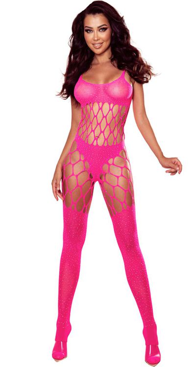 Opaque & Jumbo Net Bodystocking with Rhinestones