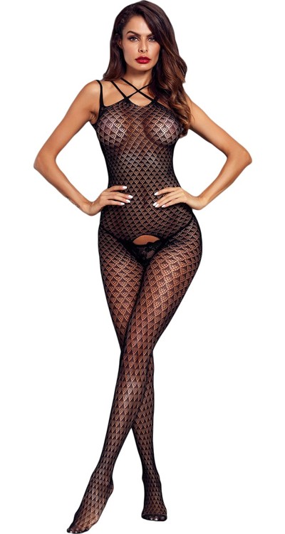 Triangular Lace Bodystocking with Crossover Straps