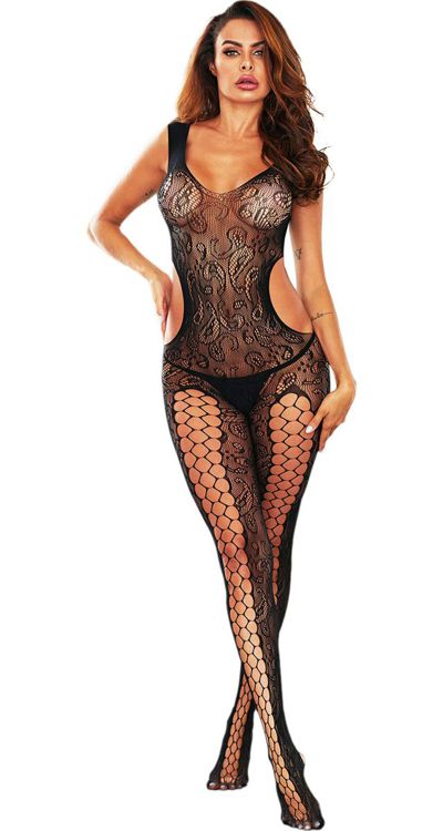Lace Bodystocking with Hexagon Net Panels & Side Cut Outs