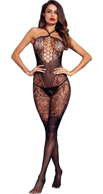 Sheer & Floral Lace Halter Bodystocking