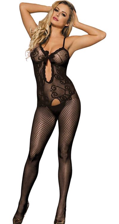 Scroll Lace Fishnet Bodystocking with Lace Trim & Bow
