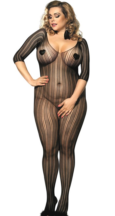 Short Sleeved Striped Lace Shoulderless Bodystocking (Plus Size)