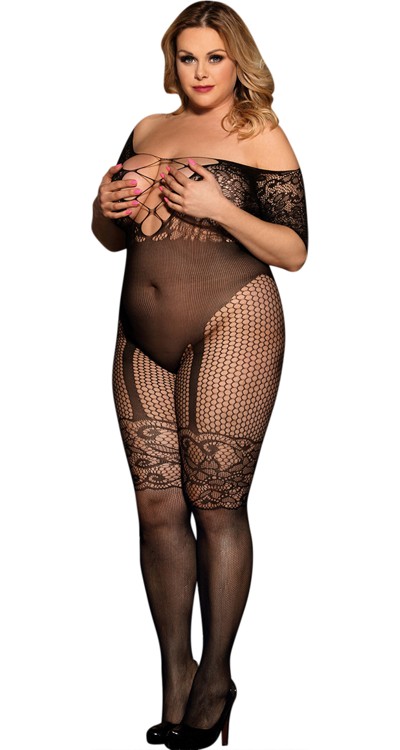 Lace Suspender Teddy Effect Bodystocking (Plus Size)