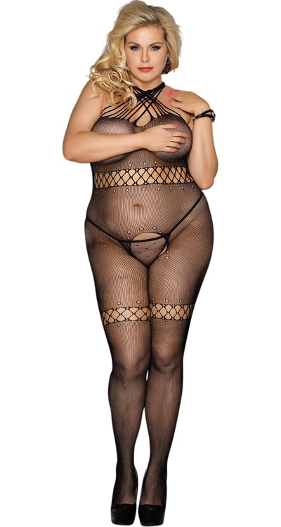 Strappy Micro Mesh Open Rear Bodystocking (Plus Size)