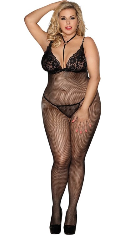 Fishnet & Lace Bodystocking with O-Ring Detail (Plus Size)