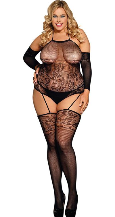 Halter Teddy Suspender Bodystocking with Armlets (Plus Size)
