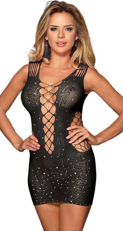 Strappy Lace Mini Dress with Rhinestones