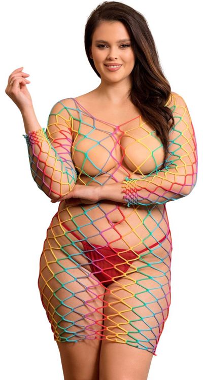 Rainbow Jumbo Net Mini Dress (Plus Size)