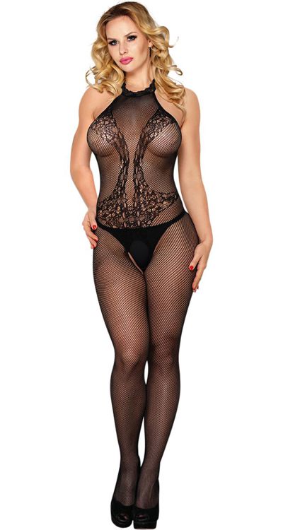 Halter Fishnet Bodystocking with Lace Teddy Effect